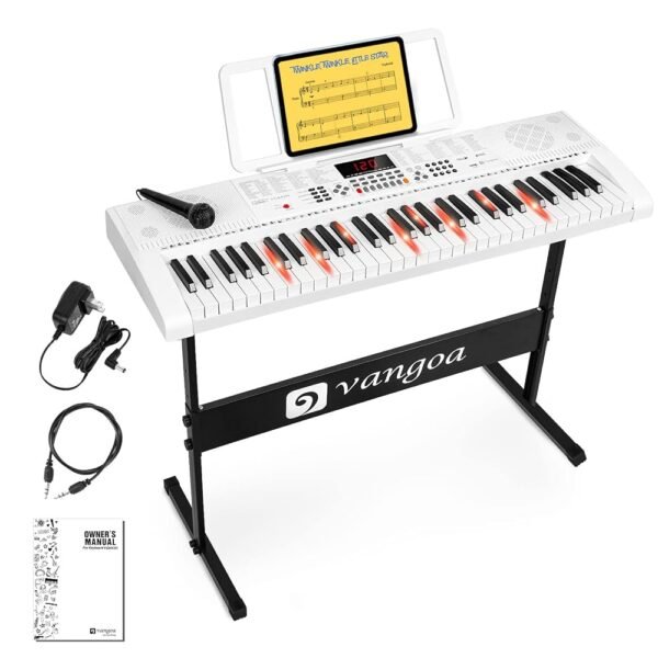 Elektronische Klaviertastatur 61 Leuchttasten Tragbare Anfänger Musik-Tastatur Klavier mit Ständer, Notenständer, Mikrofon, 600 Klangfarben, 400 Rhythmen, 30 Demos, Weiß