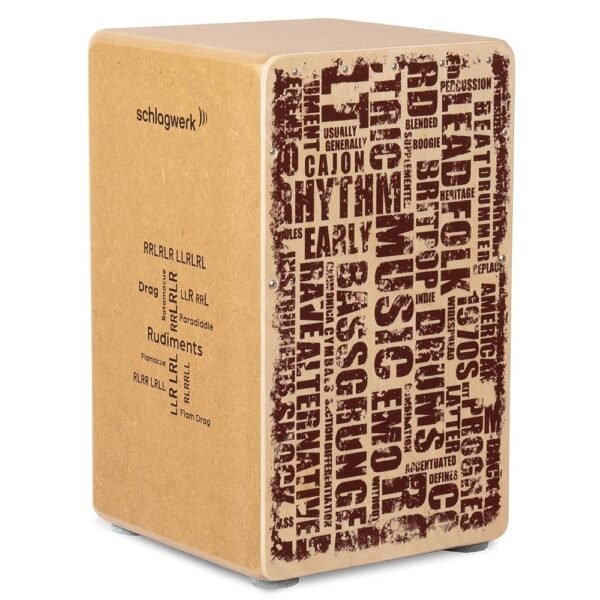 Schlagwerk CP86 Cajon Rudiments Styles Medium - Cajon Instrument with Two Snare Rugs 45 x 30 x 30 cm - Natural Birch Wood with Stylish Design Print on the Front - Made in Germany